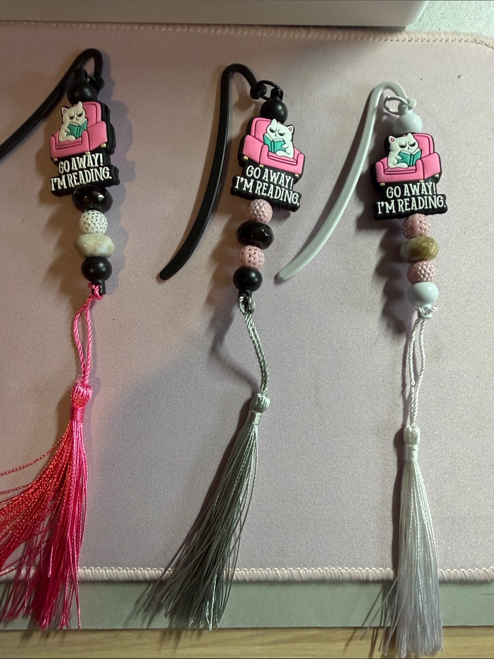 Handmade Go Away I'm Reading Pink Cat Bookmark Charm -with tassel